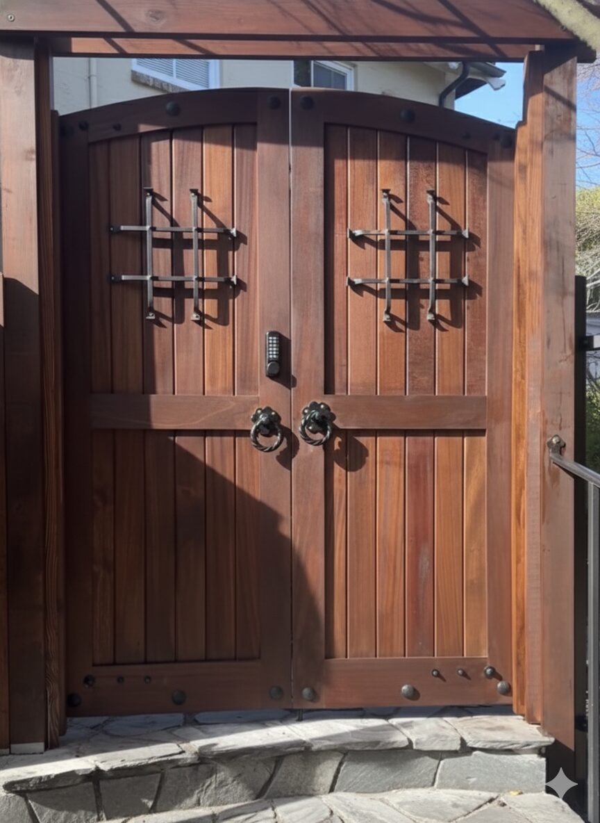 Double arched mahogany entry gate with iron grille windows, ring pulls and keypad lock under pergola