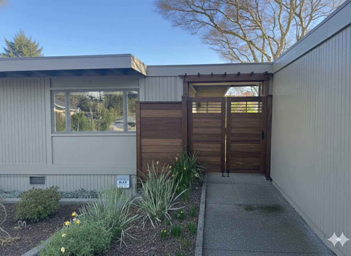 Mahogany horizontal slat courtyard gate and fence on a mid-century Eichler home with pergola top