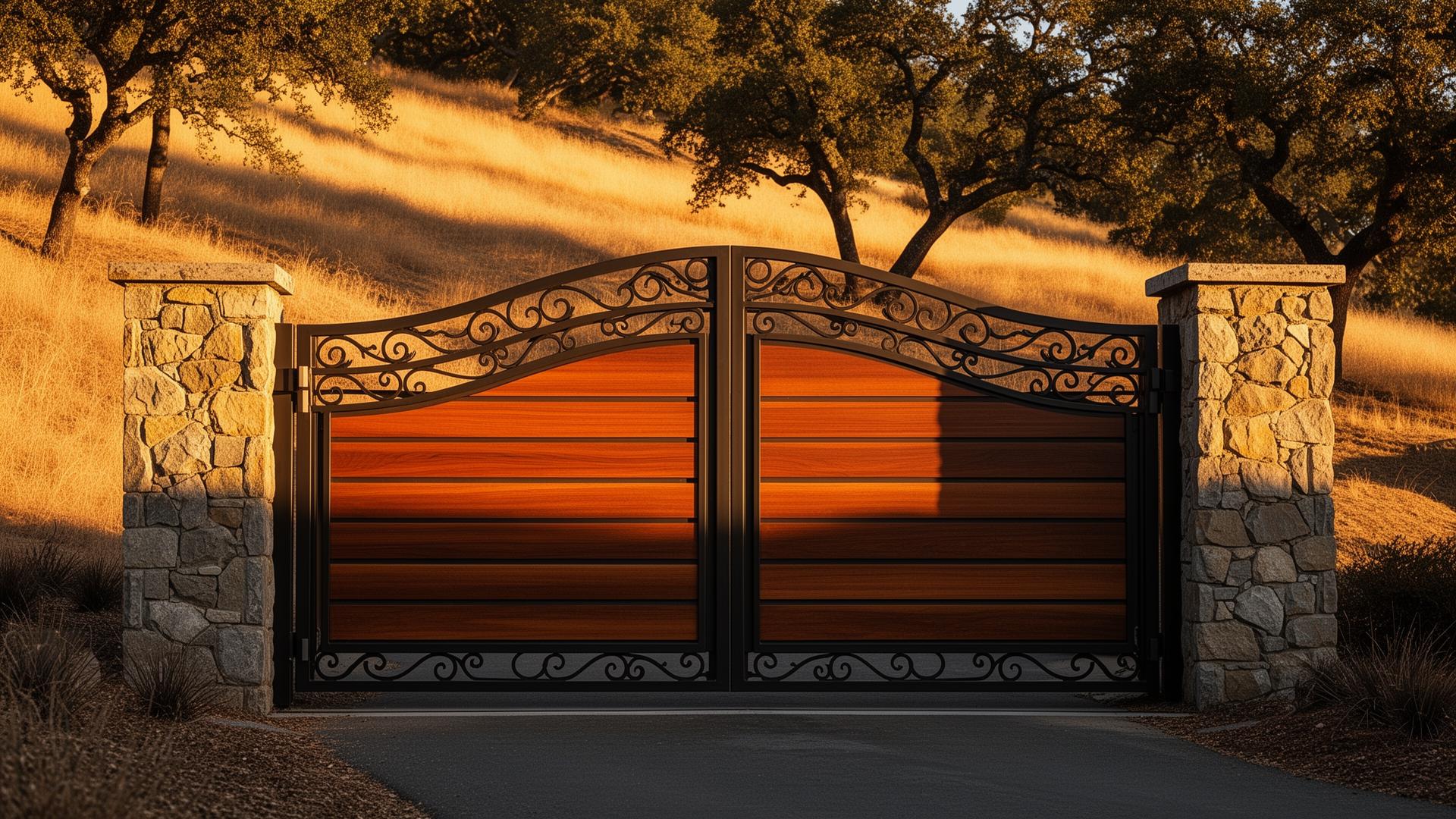 Custom wrought iron driveway gate with aluminum infill panels, WUI-compliant design for California fire zone