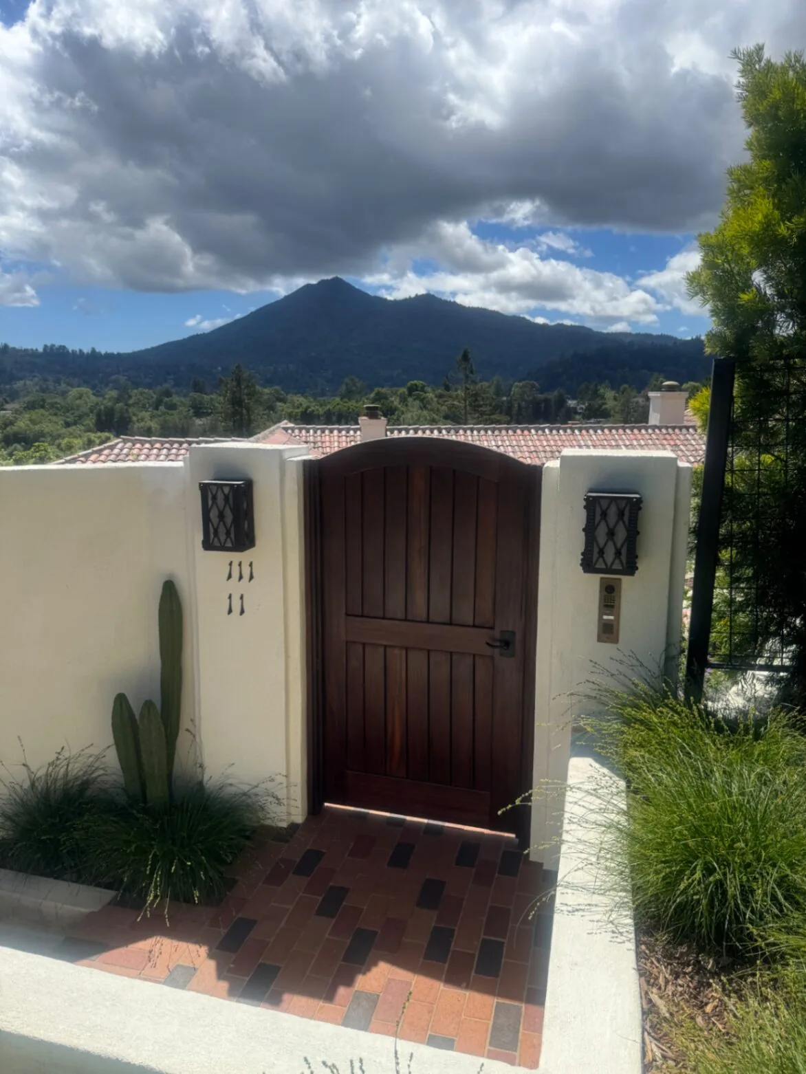 Arched mahogany pedestrian gate set in Spanish stucco walls with Mt. Tamalpais in the distance